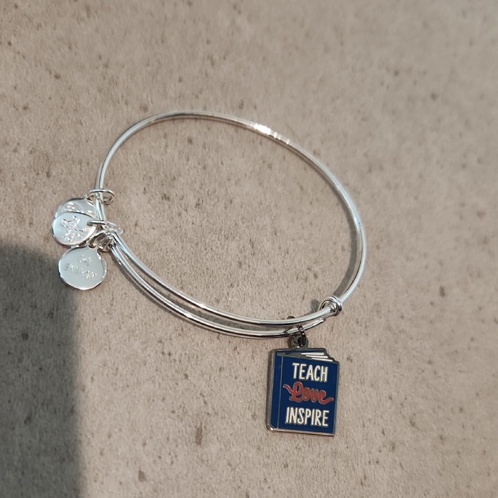 Alex and Ani Silver Tone "Teach Love Inspire" Blue Enamel Book Charm Bracelet